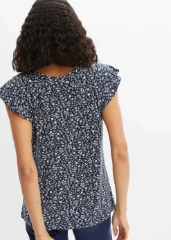 bonprix Shirts & Tops|Nachhaltigere Materialien^Shirt mit Volantärmel dunkelblau/weiß geblümt