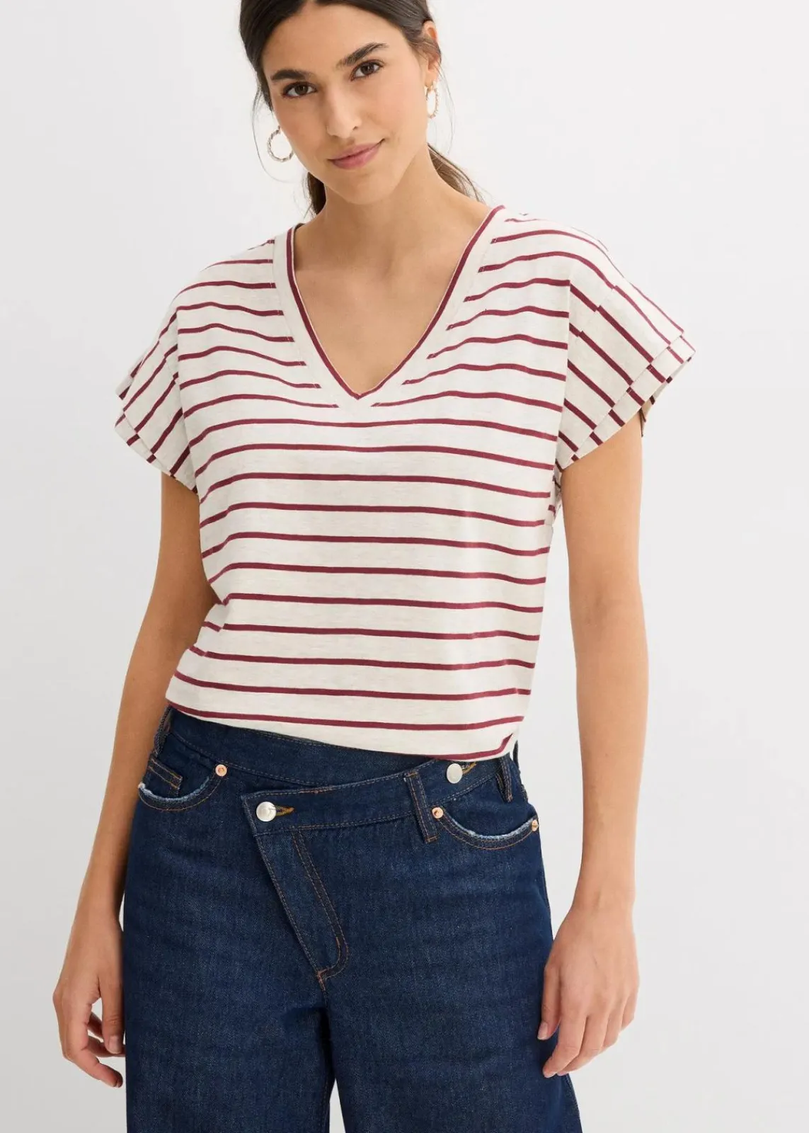 bonprix Shirts & Tops^Shirt mit Volantärmeln natur/bordeaux gestreift