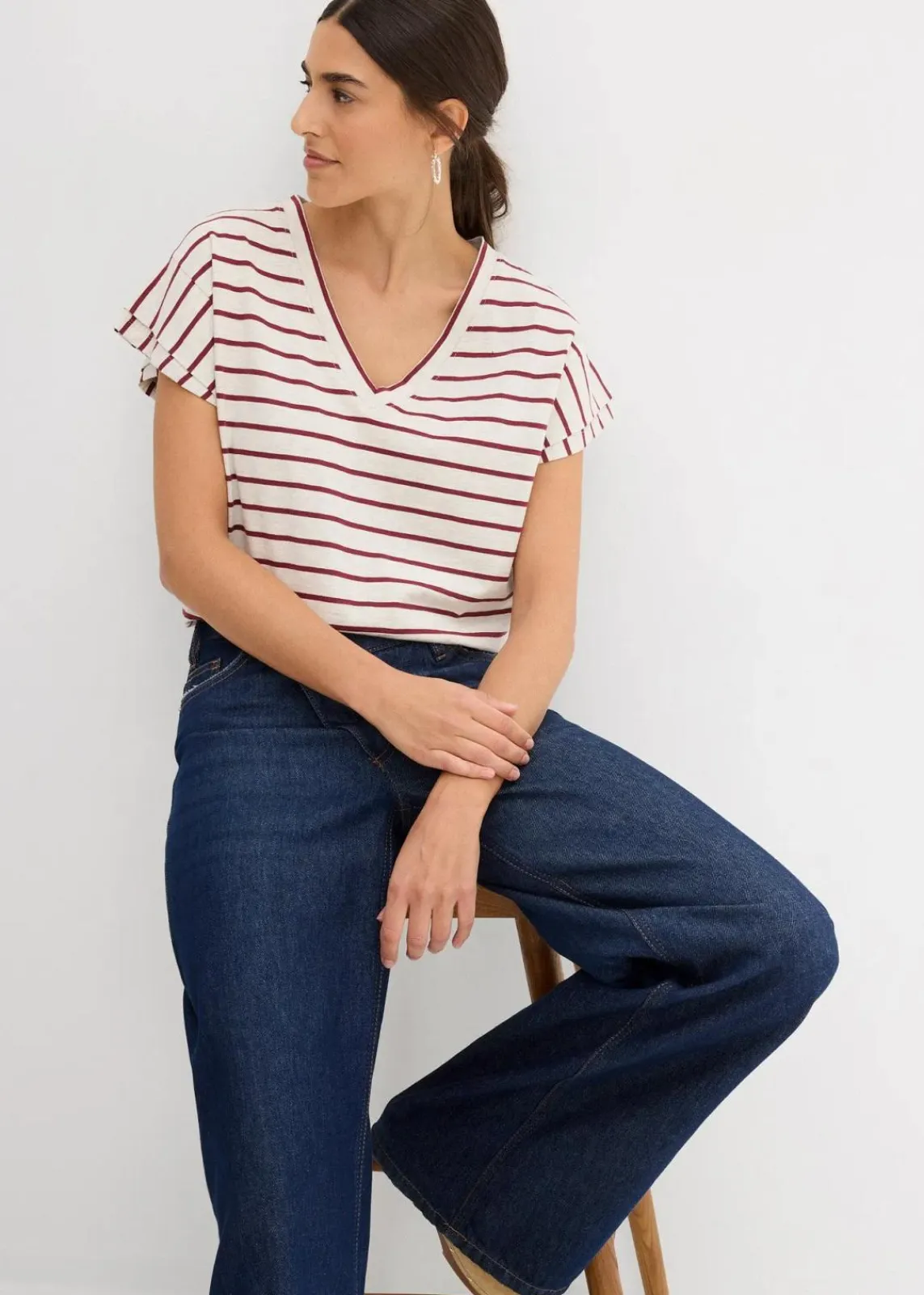 bonprix Shirts & Tops^Shirt mit Volantärmeln natur/bordeaux gestreift