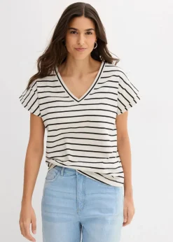 bonprix Shirts & Tops^Shirt mit Volantärmeln natur/schwarz gestreift