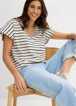 bonprix Shirts & Tops^Shirt mit Volantärmeln natur/schwarz gestreift