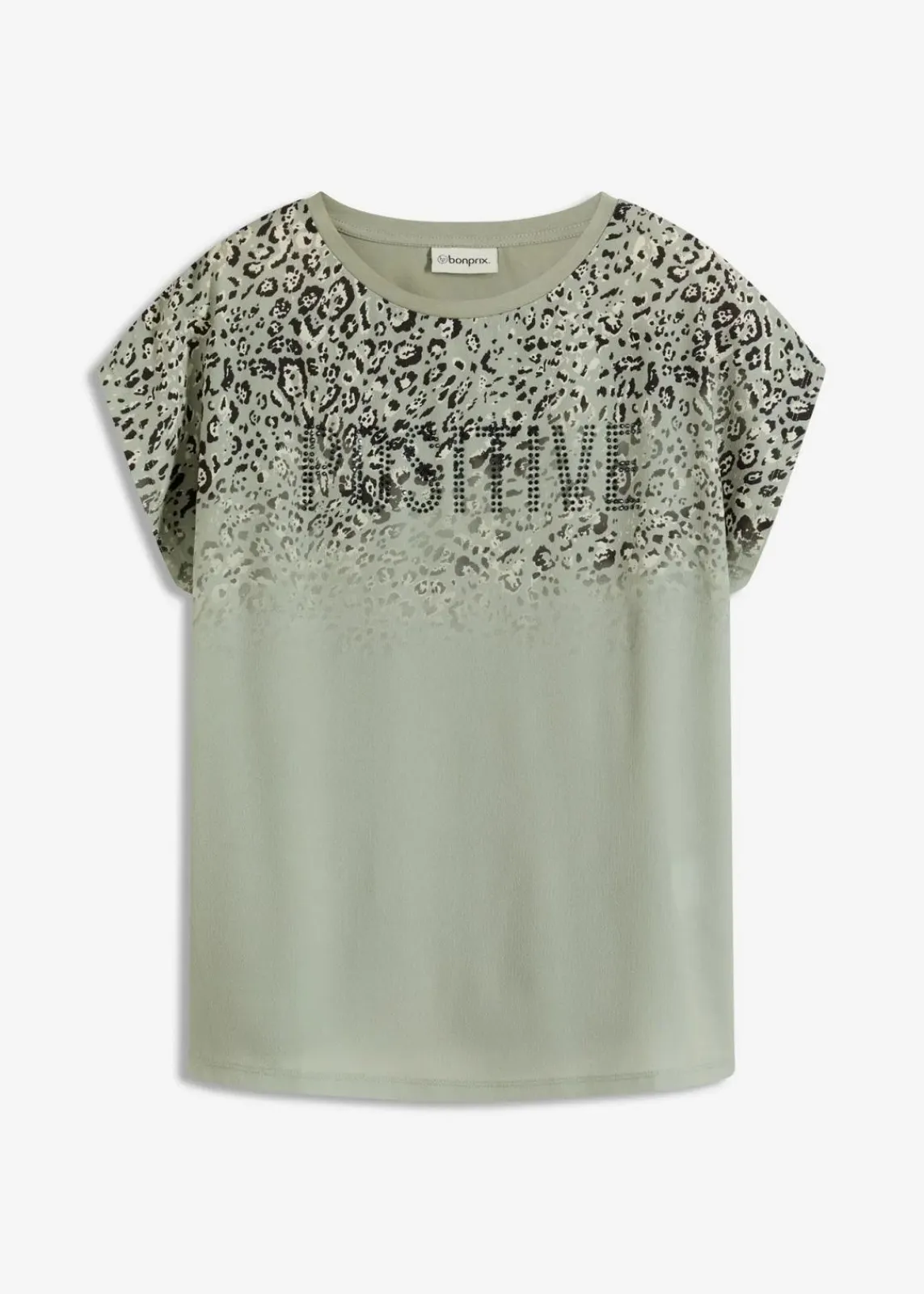 bonprix Shirts & Tops^Shirt mit Webeinsatz und Glitzersteinchen seegras leo