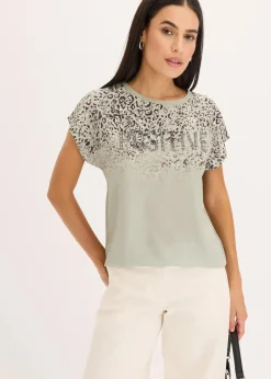 bonprix Shirts & Tops^Shirt mit Webeinsatz und Glitzersteinchen seegras leo