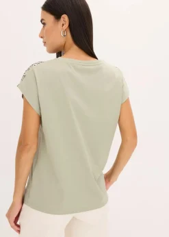 bonprix Shirts & Tops^Shirt mit Webeinsatz und Glitzersteinchen seegras leo
