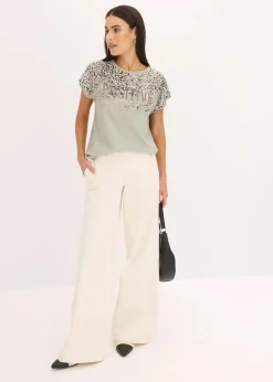 bonprix Shirts & Tops^Shirt mit Webeinsatz und Glitzersteinchen seegras leo