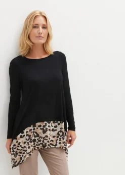 bonprix Shirts & Tops^Shirtbluse aus Viskose-Mix mit Chiffoneinsatz schwarz/leo
