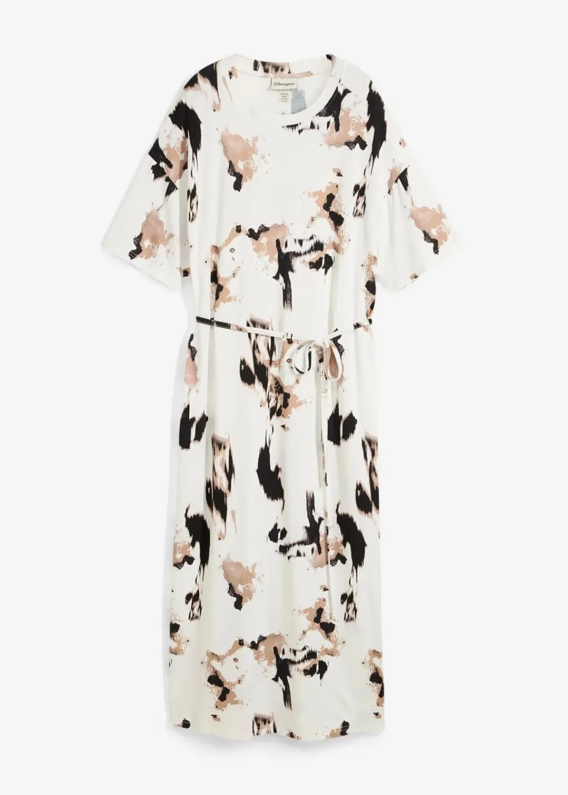 bonprix Kleider^Shirtkleid aus feiner Viskose wollweiß/saharabeige/schwarz bedruckt
