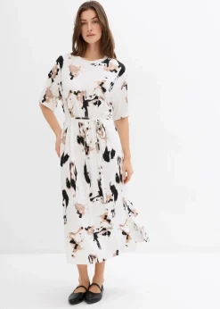 bonprix Kleider^Shirtkleid aus feiner Viskose wollweiß/saharabeige/schwarz bedruckt