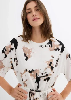 bonprix Kleider^Shirtkleid aus feiner Viskose wollweiß/saharabeige/schwarz bedruckt