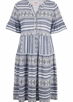 bonprix Bekleidung·Pullover & Strickjacken|Kleider^Shirtkleid aus fließendem Viskose-Mix weiß/dunkelblau bedruckt