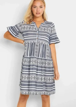 bonprix Bekleidung·Pullover & Strickjacken|Kleider^Shirtkleid aus fließendem Viskose-Mix weiß/dunkelblau bedruckt