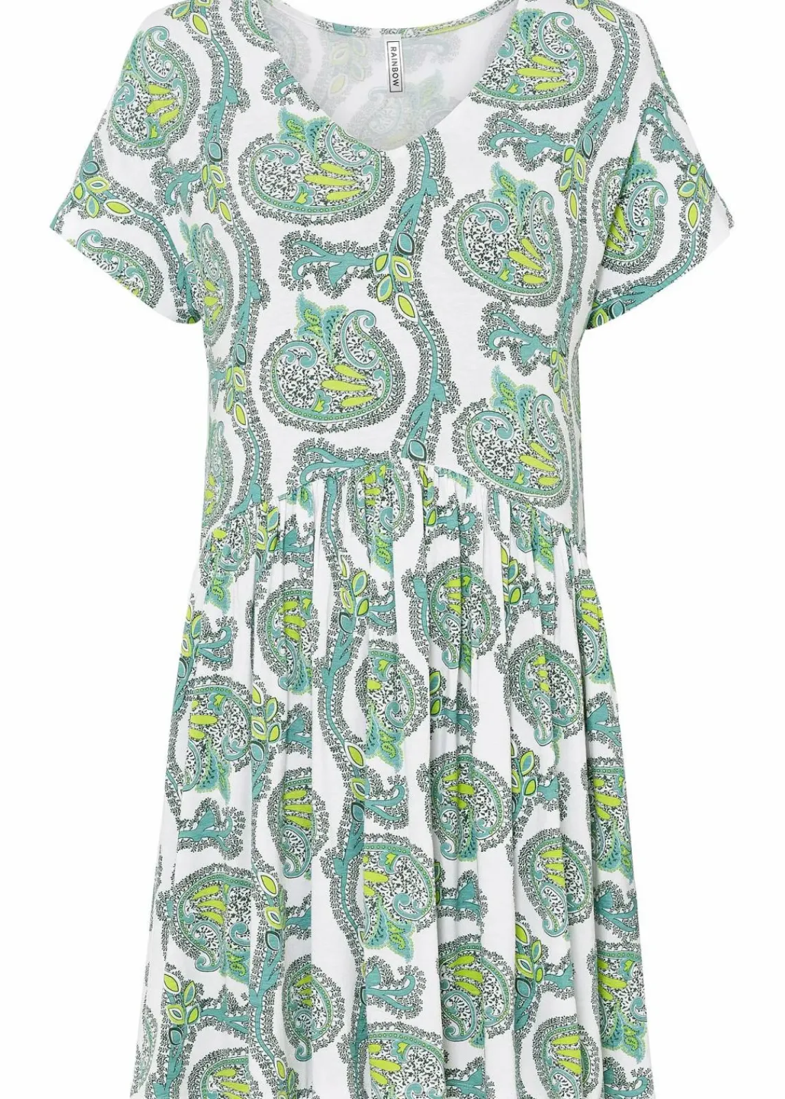 bonprix Nachhaltigere Materialien|Kleider^Shirtkleid aus fließendem Viskose-Elasthan-Mix weiß/türkis paisley