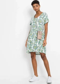 bonprix Nachhaltigere Materialien|Kleider^Shirtkleid aus fließendem Viskose-Elasthan-Mix weiß/türkis paisley