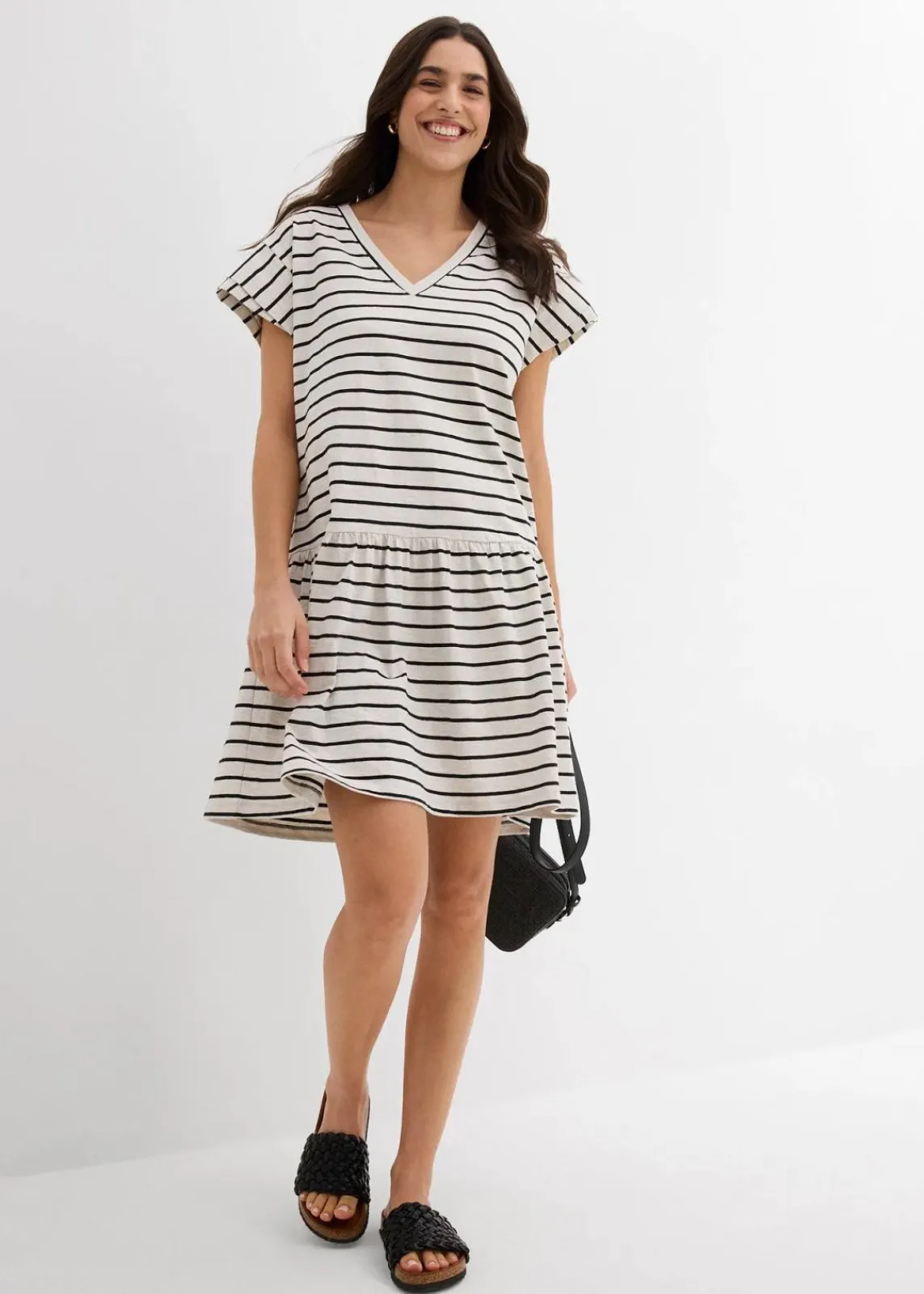 bonprix Kleider^Shirtkleid aus reiner Baumwolle natur/schwarz gestreift