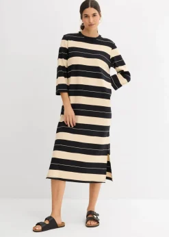 bonprix Bekleidung·Pullover & Strickjacken|Kleider^Shirtkleid aus reiner Baumwolle schwarz/beige gestreift