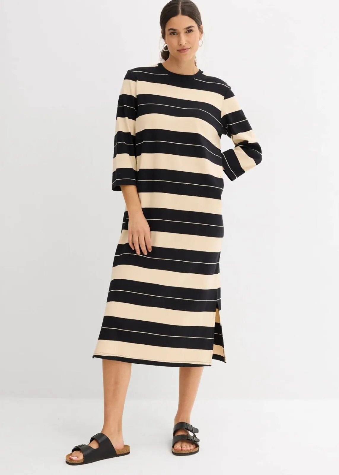 bonprix Bekleidung·Pullover & Strickjacken|Kleider^Shirtkleid aus reiner Baumwolle schwarz/beige gestreift