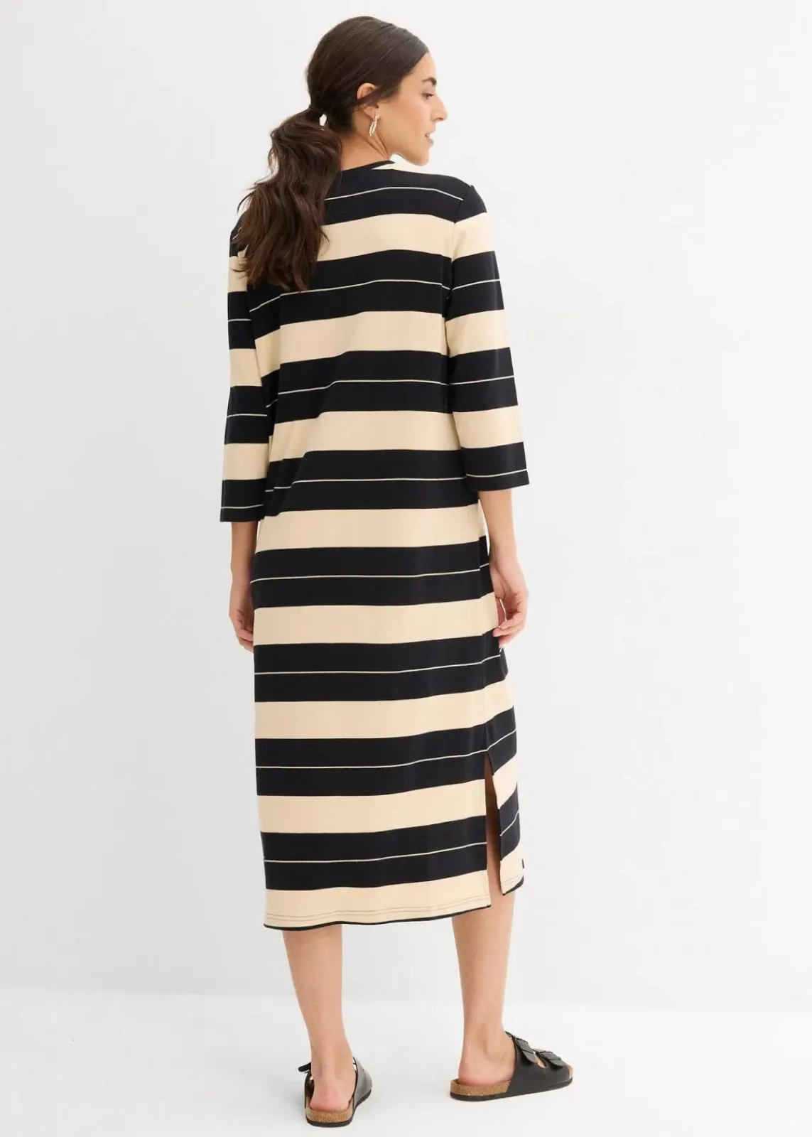bonprix Bekleidung·Pullover & Strickjacken|Kleider^Shirtkleid aus reiner Baumwolle schwarz/beige gestreift