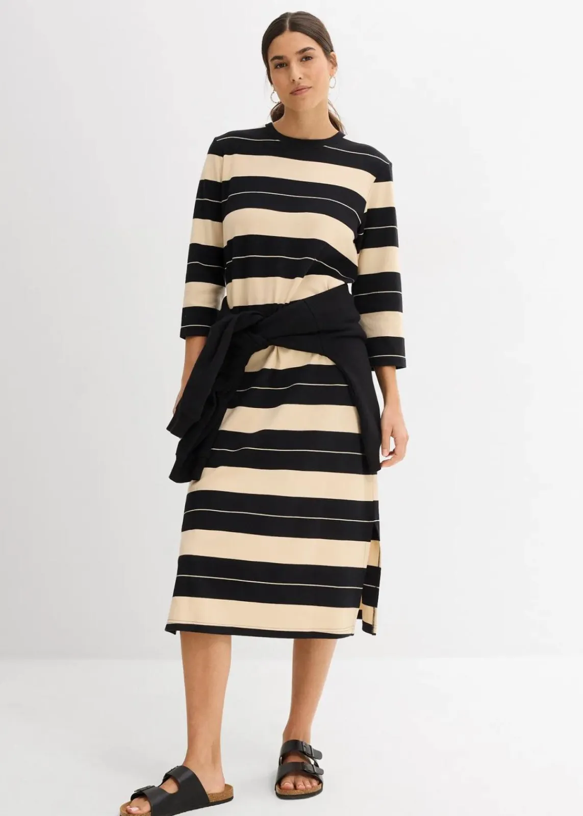 bonprix Bekleidung·Pullover & Strickjacken|Kleider^Shirtkleid aus reiner Baumwolle schwarz/beige gestreift