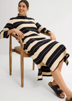 bonprix Bekleidung·Pullover & Strickjacken|Kleider^Shirtkleid aus reiner Baumwolle schwarz/beige gestreift