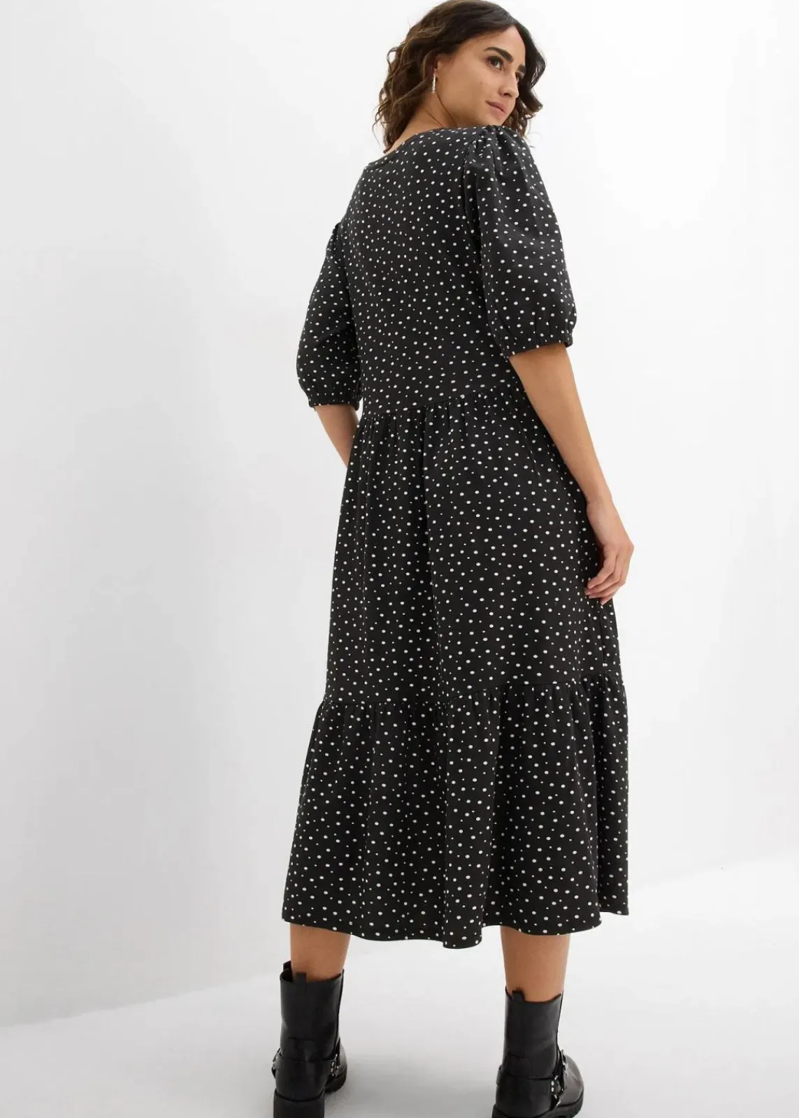 bonprix Kleider|Bekleidung·Pullover & Strickjacken^Shirtkleid aus reiner Baumwolle schwarz/wollweiß gepunktet