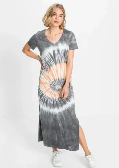bonprix Kleider|Bekleidung·Pullover & Strickjacken^Shirtkleid aus reiner Baumwolle rauchgrau/orange/weiß bedruckt