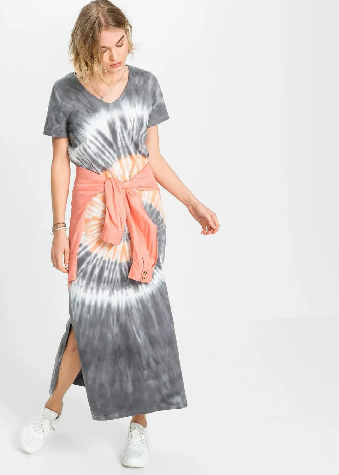 bonprix Kleider|Bekleidung·Pullover & Strickjacken^Shirtkleid aus reiner Baumwolle rauchgrau/orange/weiß bedruckt