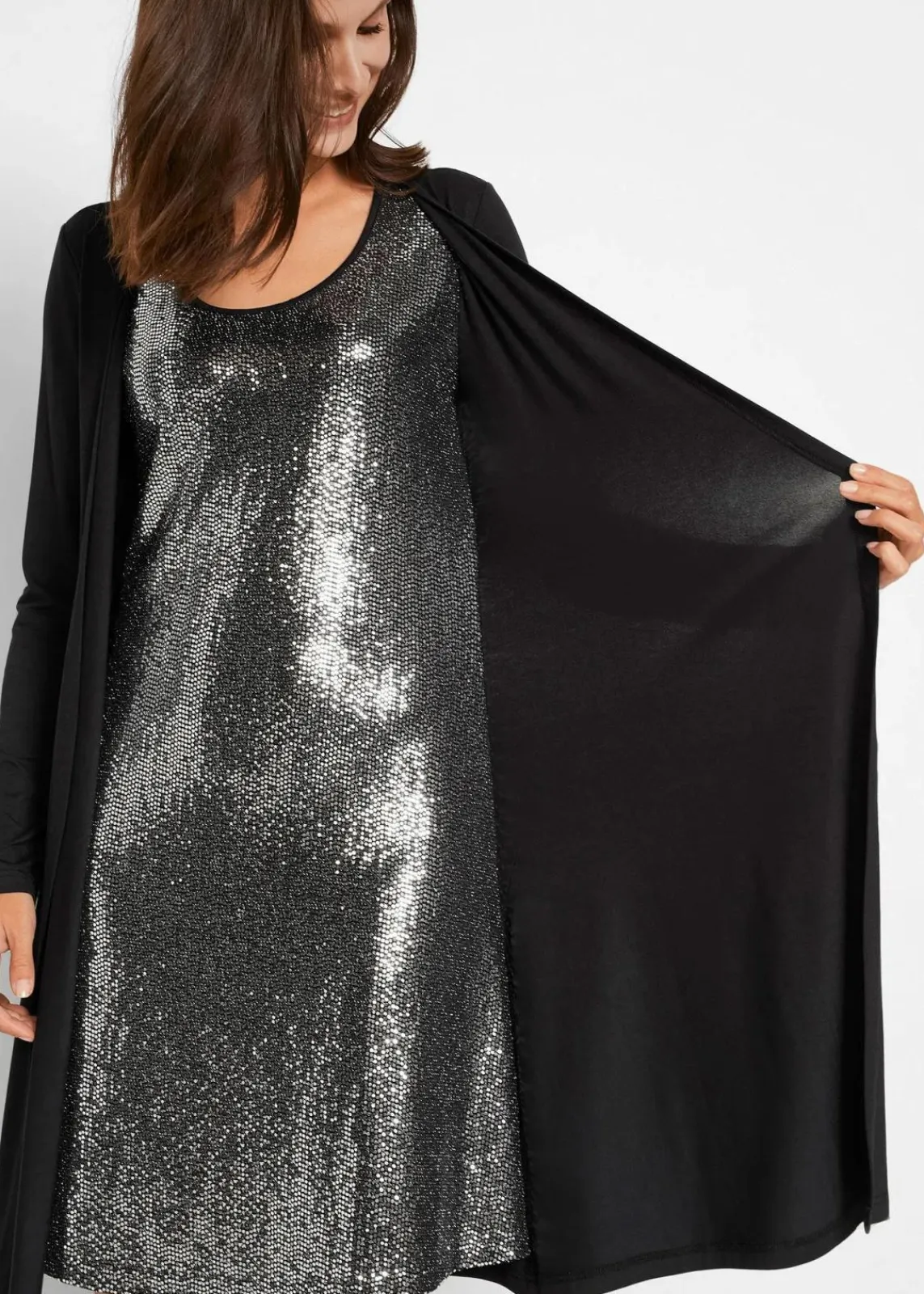 bonprix Bekleidung·Pullover & Strickjacken|Kleider^Shirtkleid in Doppeloptik aus nachhaltiger Viskose schwarz/metallic silber