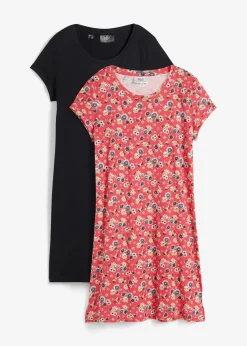 bonprix Bekleidung·Pullover & Strickjacken|Kleider^Shirtkleid mit seitlichen Schlitzen aus reiner Baumwolle (2er Pack) hibiskuspink geblümt+schwarz uni