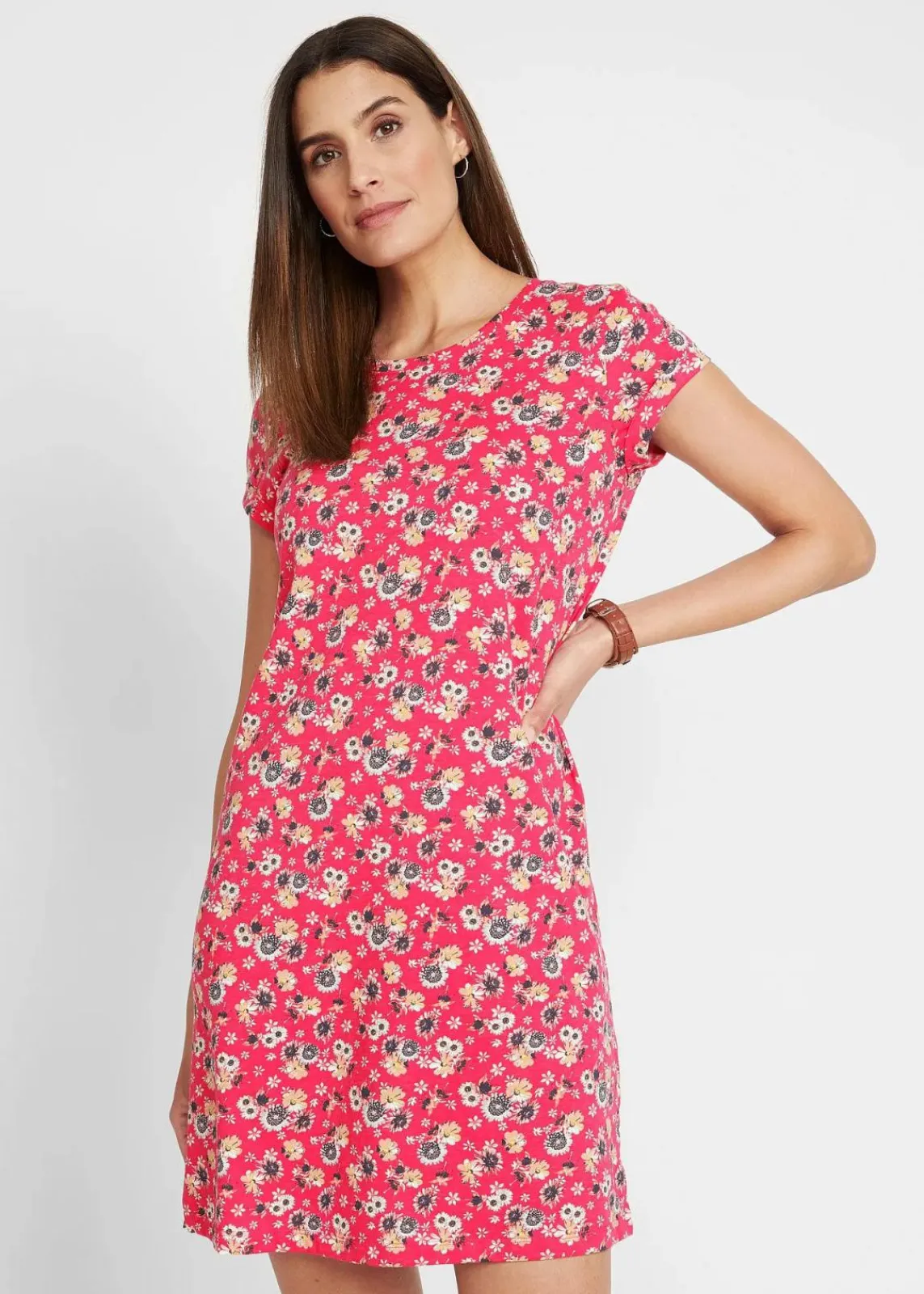 bonprix Bekleidung·Pullover & Strickjacken|Kleider^Shirtkleid mit seitlichen Schlitzen aus reiner Baumwolle (2er Pack) hibiskuspink geblümt+schwarz uni