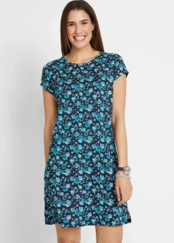 bonprix Kleider|Bekleidung·Pullover & Strickjacken^Shirtkleid mit seitlichen Schlitzen aus reiner Baumwolle (2er Pack) dunkelblau geblümt+karibikblau uni