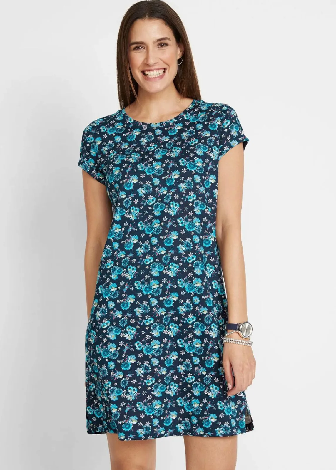 bonprix Kleider|Bekleidung·Pullover & Strickjacken^Shirtkleid mit seitlichen Schlitzen aus reiner Baumwolle (2er Pack) dunkelblau geblümt+karibikblau uni