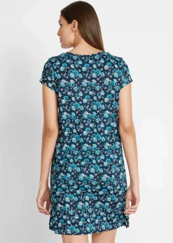 bonprix Kleider|Bekleidung·Pullover & Strickjacken^Shirtkleid mit seitlichen Schlitzen aus reiner Baumwolle (2er Pack) dunkelblau geblümt+karibikblau uni