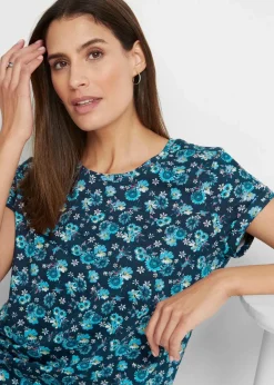 bonprix Kleider|Bekleidung·Pullover & Strickjacken^Shirtkleid mit seitlichen Schlitzen aus reiner Baumwolle (2er Pack) dunkelblau geblümt+karibikblau uni