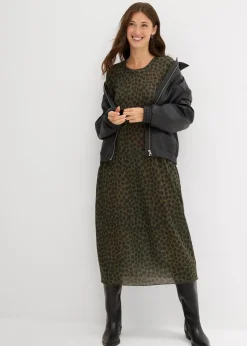 bonprix Kleider|Bekleidung·Pullover & Strickjacken^Shirt-Midikleid oliv leo bedruckt