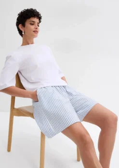 bonprix Hosen|Shorts^Shorts aus reiner Baumwolle mittelblau/wollweiß längs gestreift