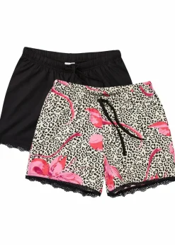 bonprix Wäsche·Nachtwäsche|Nachtwäsche^Shorts (2er Pack) mit zarter Spitze schwarz+hibiskuspink gemustert