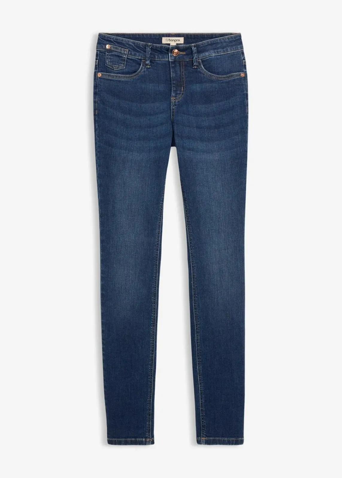 bonprix Jeans|Kurzgrößen^Skinny Jeans Mid Waist, Bio Baumwolle dunkelblau denim used