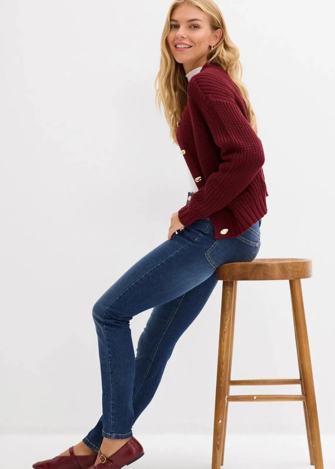 bonprix Jeans|Kurzgrößen^Skinny Jeans Mid Waist, Bio Baumwolle dunkelblau denim used