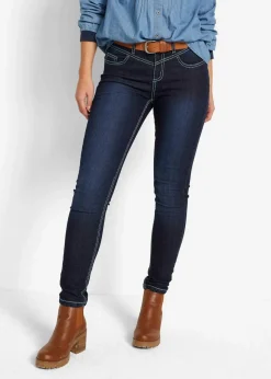 bonprix Bekleidung·Shirts & Tops|Jeans^Skinny Jeans Mid Waist, Kontrastnähte dunkelblau denim used