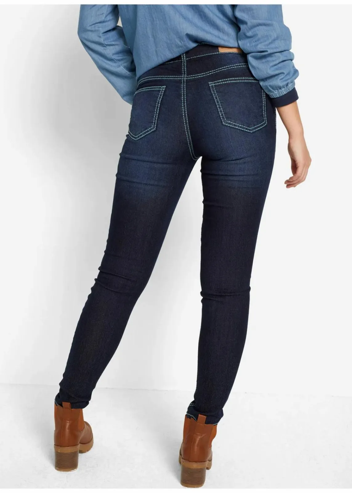bonprix Bekleidung·Shirts & Tops|Jeans^Skinny Jeans Mid Waist, Kontrastnähte dunkelblau denim used