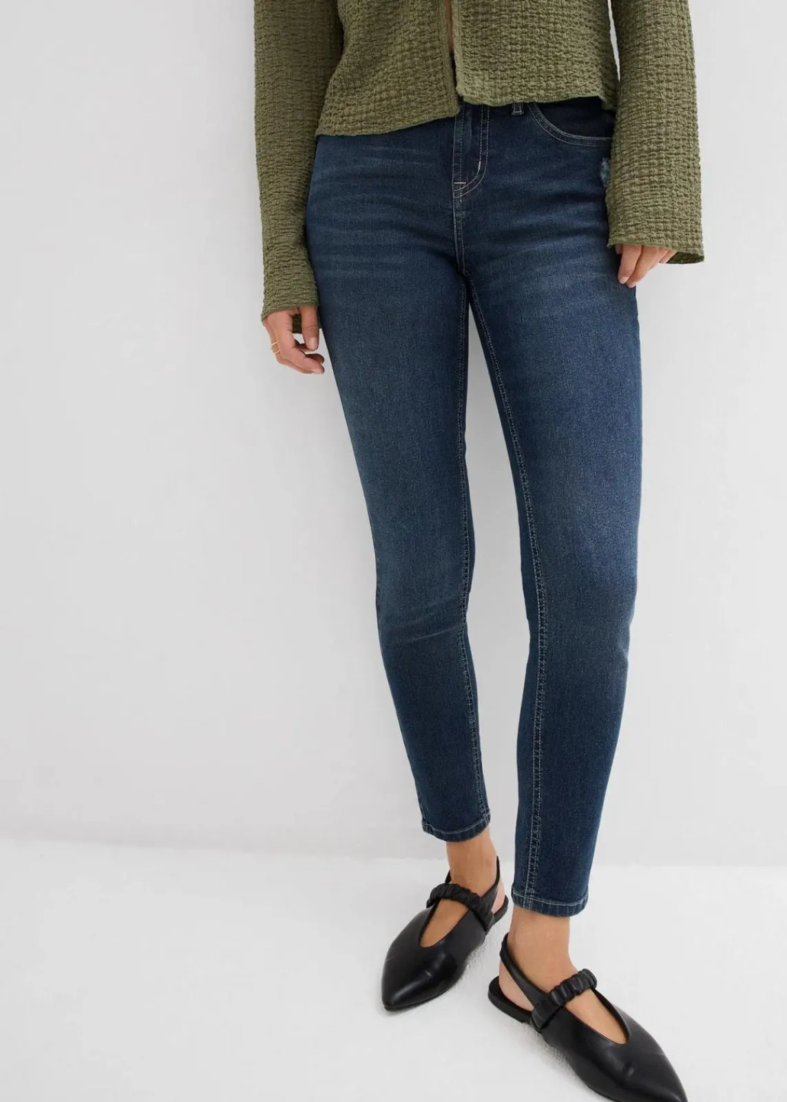 bonprix Bekleidung·Shirts & Tops|Jeans^Skinny Jeans Mid Waist, Stretch dunkelblau denim used