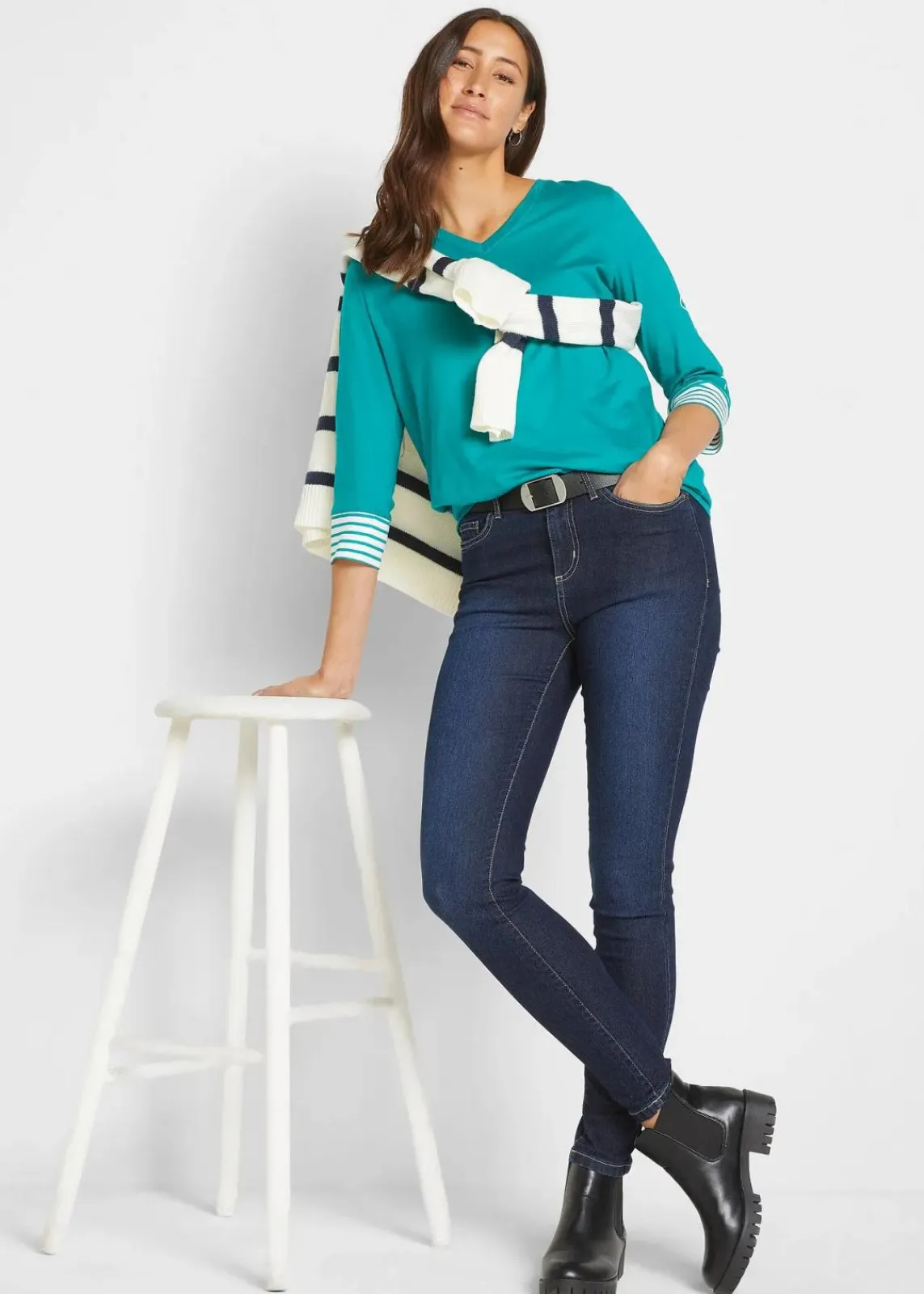 bonprix Bekleidung·Shirts & Tops|Jeans^Skinny Jeans Mid Waist, Stretch dunkelblau denim used