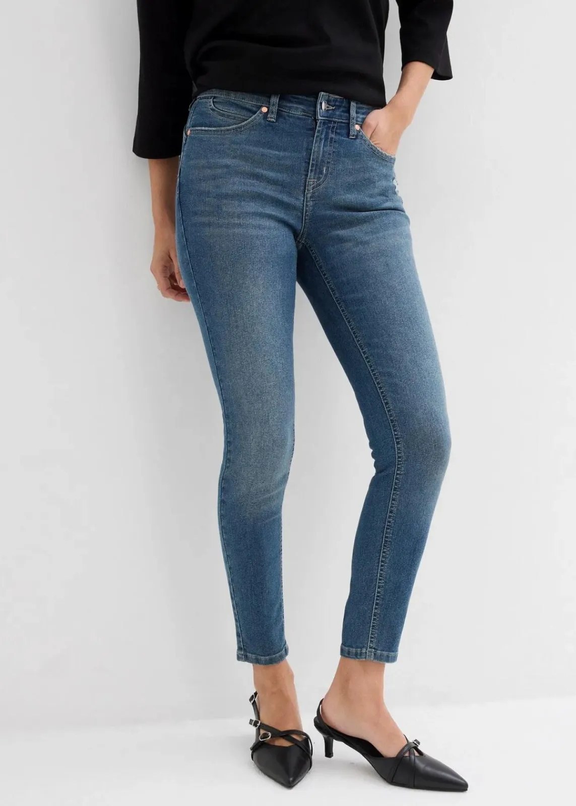 bonprix Jeans|Bekleidung·Shirts & Tops^Skinny Jeans Mid Waist, Stretch blau denim used