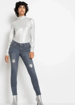 bonprix Bekleidung·Shirts & Tops|Jeans^Skinny-Jeans Low Waist mit Sternendesign blue grey denim