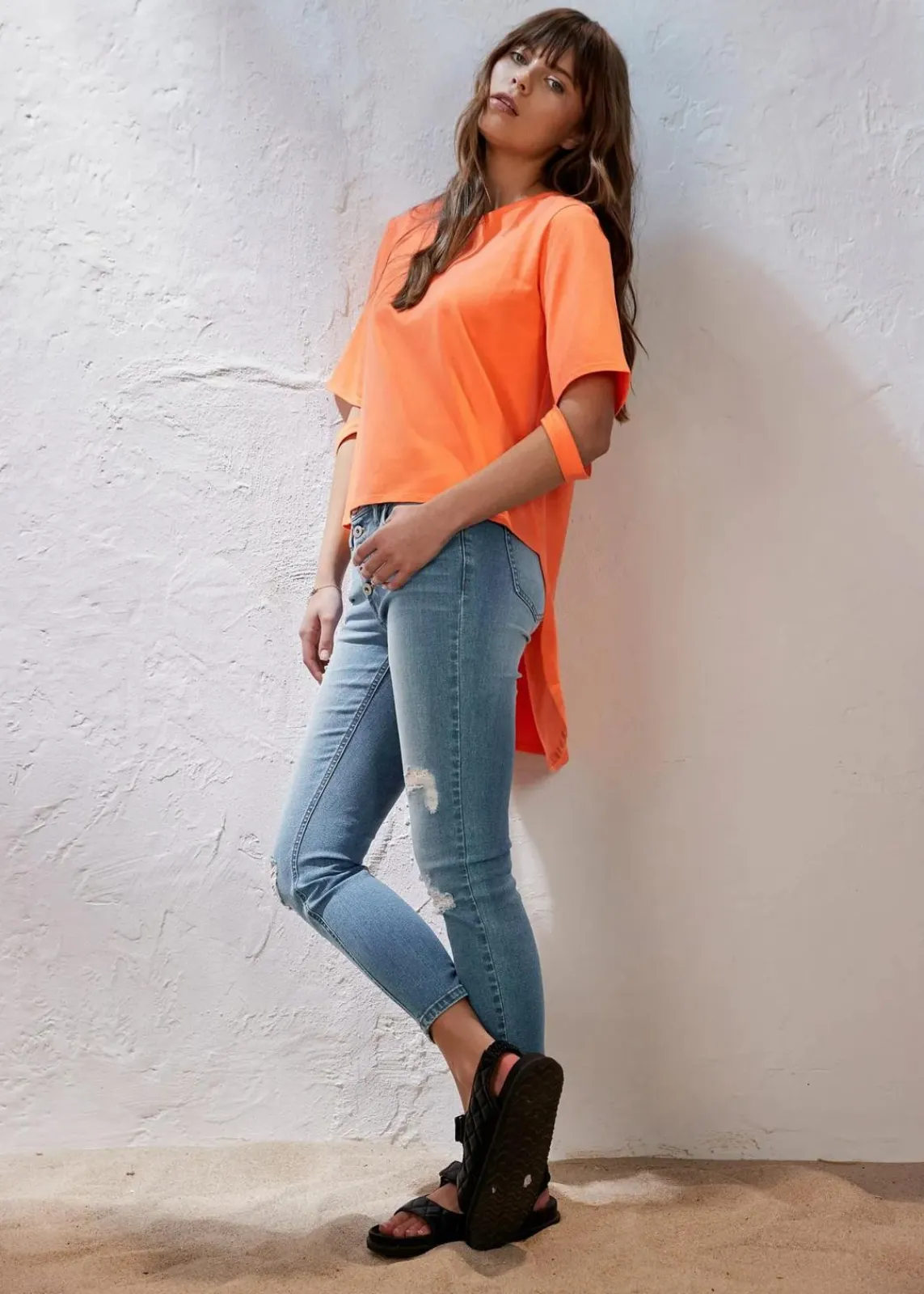 bonprix Jeans^Skinny-Jeans, Mid Waist, Destroyed hellblau denim