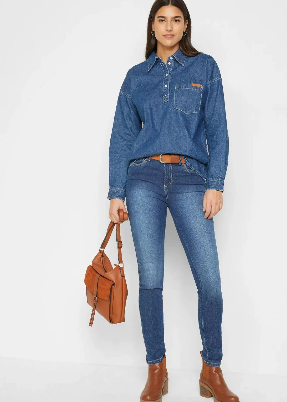 bonprix Bekleidung·Shirts & Tops|Jeans^Skinny-Jeans Mid Waist, Stretch blau denim used