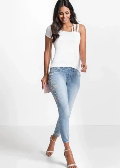 bonprix Jeans|Bekleidung·Shirts & Tops^Skinny-Jeans Mid Waist, verkürzt hellblau denim geblümt