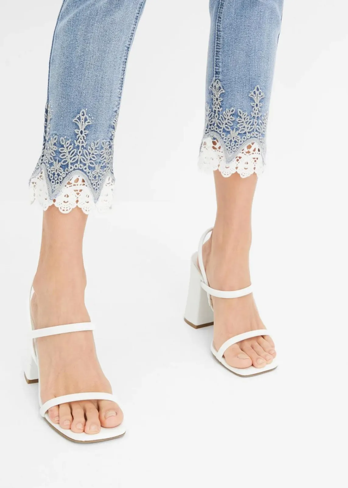 bonprix Bekleidung·Shirts & Tops|Jeans^Skinny-Jeans mit Spitze blau denim