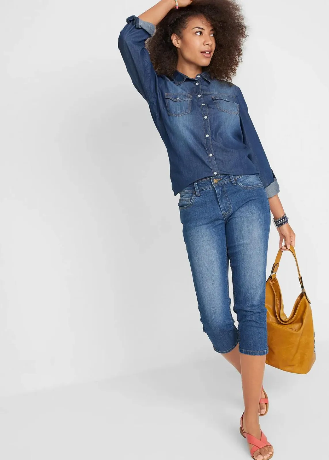 bonprix Bekleidung·Shirts & Tops|Jeans^Slim Fit Jeans Mid Waist, cropped blau used