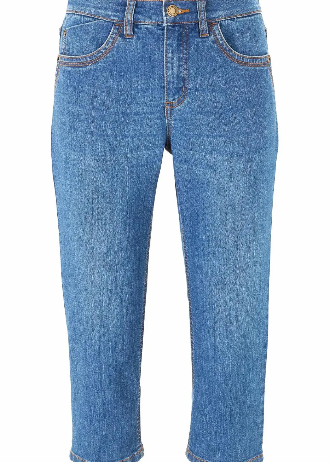 bonprix Bekleidung·Shirts & Tops|Jeans^Slim Jeans, Mid Waist, Capri blau used